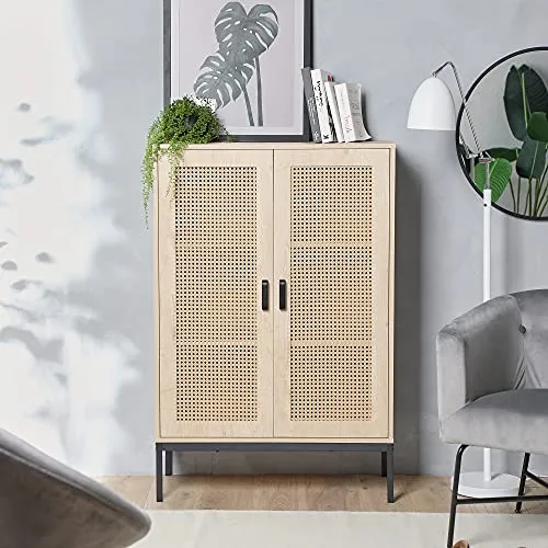 VonHaus Buffet Haut en rotin – 2 Portes, 3 tiroirs avec poignées en métal Noir – Bibliothèque, étagère en Vinyle, Armoire à Boissons, Meuble de Rangement pour Chaussures – Chambre à Coucher, Salon