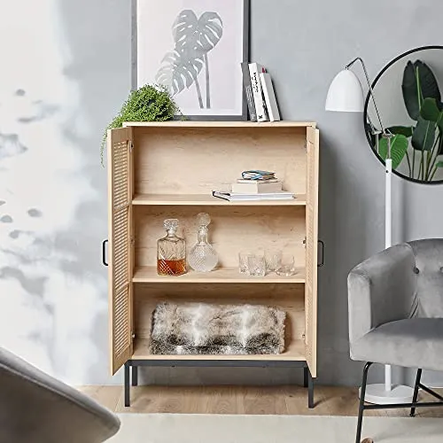 VonHaus Buffet Haut en rotin – 2 Portes, 3 tiroirs avec poignées en métal Noir – Bibliothèque, étagère en Vinyle, Armoire à Boissons, Meuble de Rangement pour Chaussures – Chambre à Coucher, Salon