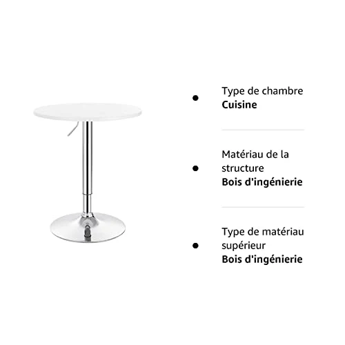 WOLTU BT02ws Table de Bar en MDF avec Pied,Table Ronde Hauteur réglable,Blanc