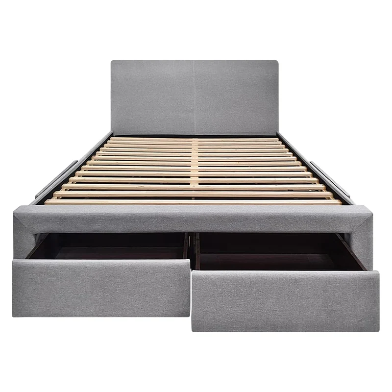 Pack Lit Double en Tissu Gris avec Tiroirs, Pieds, Tête de lit, Sommier et Matelas 160 x 200 cm Inclus - Tendance et Pratique - Vancouver