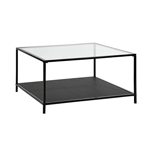 MEUBLE COSY Tables Basses avec étagère Carré Bout de Canapé Industriel en Verre Trempé et Cadre en Métal, Noir, 80x80x42cm