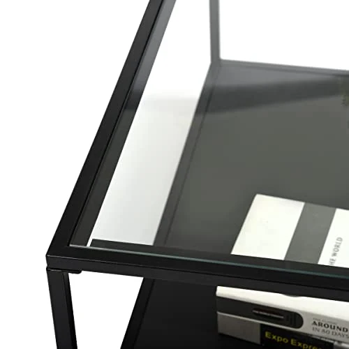 MEUBLE COSY Tables Basses avec étagère Carré Bout de Canapé Industriel en Verre Trempé et Cadre en Métal, Noir, 80x80x42cm