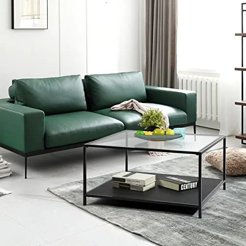MEUBLE COSY Tables Basses avec étagère Carré Bout de Canapé Industriel en Verre Trempé et Cadre en Métal, Noir, 80x80x42cm