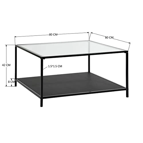 MEUBLE COSY Tables Basses avec étagère Carré Bout de Canapé Industriel en Verre Trempé et Cadre en Métal, Noir, 80x80x42cm