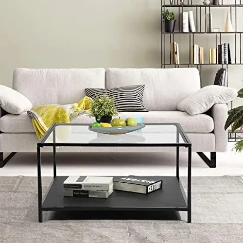 MEUBLE COSY Tables Basses avec étagère Carré Bout de Canapé Industriel en Verre Trempé et Cadre en Métal, Noir, 80x80x42cm