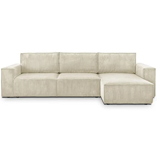 HOMIFAB Canapé d'angle Convertible réversible 5 Places avec Coffre de Rangement en Velours côtelé Beige - Collection Harper