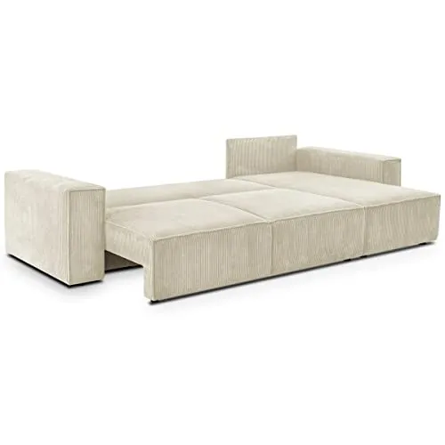 HOMIFAB Canapé d'angle Convertible réversible 5 Places avec Coffre de Rangement en Velours côtelé Beige - Collection Harper
