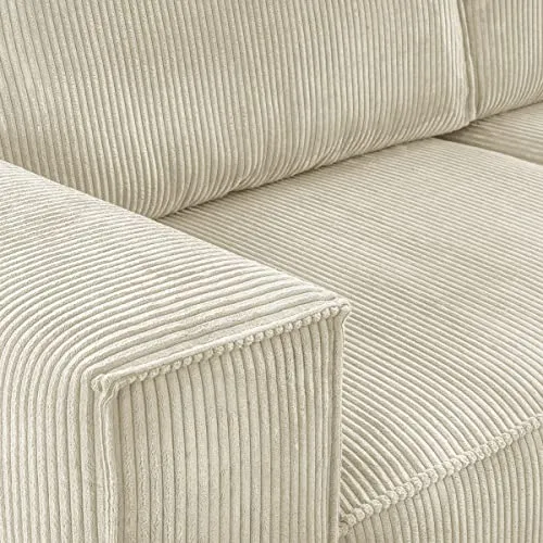 HOMIFAB Canapé d'angle Convertible réversible 5 Places avec Coffre de Rangement en Velours côtelé Beige - Collection Harper
