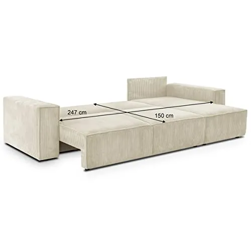 HOMIFAB Canapé d'angle Convertible réversible 5 Places avec Coffre de Rangement en Velours côtelé Beige - Collection Harper
