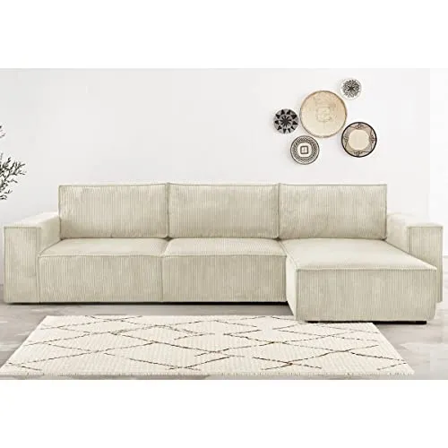 HOMIFAB Canapé d'angle Convertible réversible 5 Places avec Coffre de Rangement en Velours côtelé Beige - Collection Harper