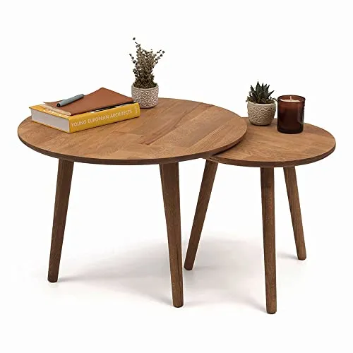 Gozos Oviedo Table Basse Gigognes, Lot de 2 | Table d'appoint Bout de Canapé Élégante en Bois de Hêtre Massif | Table Basse Idéal pour la Décoration de Style Boho | Tabouret à Fleurs | Ø 40 + 60 cm