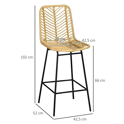 HOMCOM Lot de 2 tabourets de Bar Chaise de Bar Design bohème Hauteur 66 cm avec Repose-Pieds métal - Naturel