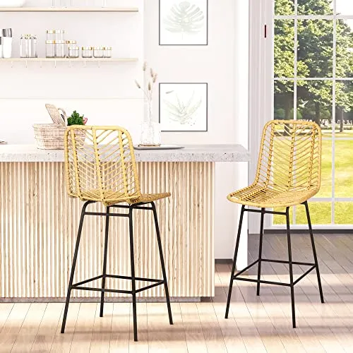 HOMCOM Lot de 2 tabourets de Bar Chaise de Bar Design bohème Hauteur 66 cm avec Repose-Pieds métal - Naturel