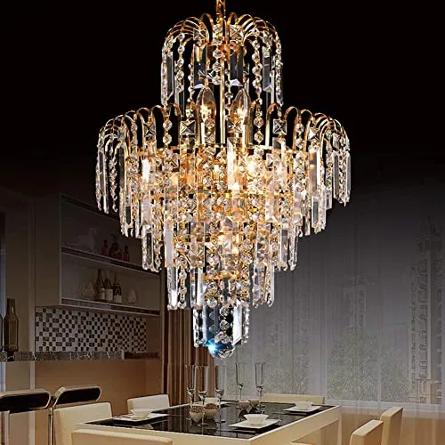 Ridgeyard Lustre en Cristal 3 Lumineux Chaîne Réglable Moderne Style Goutte de Cristal K5 Eclairage LED de Plafonnier Plafond pour chambre salon couloir,7 Niveaux, Or