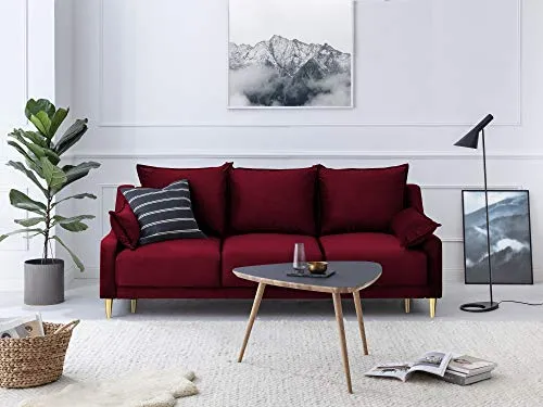 Mazzini Sofas Canapé Velours Convertible avec Coffre De Rangement, Pansy, 3 Places, Rouge, 215x94x90