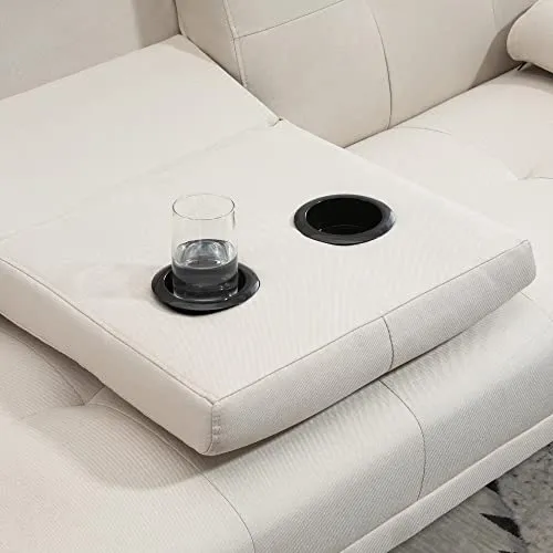 HOMCOM Canapé Convertible 3 Places Design scandinave Inclinaison Dossier réglable 3 Niveaux Dossier Centrale Rabattable 2 Porte-Verres Bois Massif Lin Beige