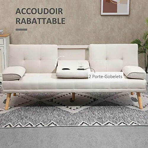 HOMCOM Canapé Convertible 3 Places Design scandinave Inclinaison Dossier réglable 3 Niveaux Dossier Centrale Rabattable 2 Porte-Verres Bois Massif Lin Beige