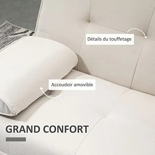 HOMCOM Canapé Convertible 3 Places Design scandinave Inclinaison Dossier réglable 3 Niveaux Dossier Centrale Rabattable 2 Porte-Verres Bois Massif Lin Beige