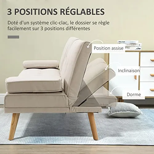 HOMCOM Canapé Convertible 3 Places Design scandinave Inclinaison Dossier réglable 3 Niveaux Dossier Centrale Rabattable 2 Porte-Verres Bois Massif Lin Beige