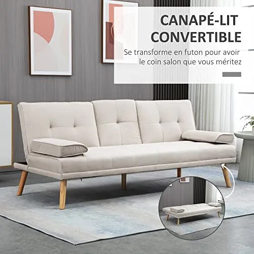 HOMCOM Canapé Convertible 3 Places Design scandinave Inclinaison Dossier réglable 3 Niveaux Dossier Centrale Rabattable 2 Porte-Verres Bois Massif Lin Beige