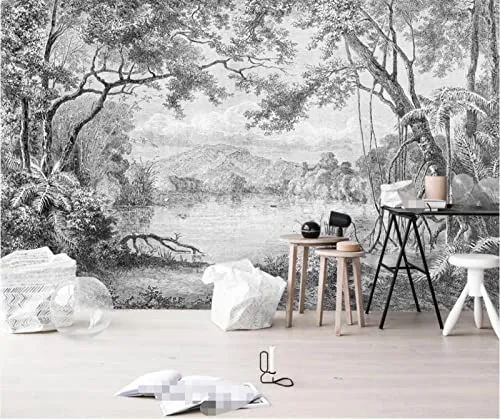 MUNXIN WALLPAPER Papier Peint Panoramique 3D Forêt En Noir Et Blanc Jungle Peinte À La Main Moderne Papier Peint 3D Intissé Décoration Murale