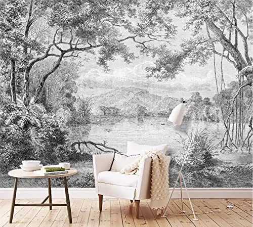 MUNXIN WALLPAPER Papier Peint Panoramique 3D Forêt En Noir Et Blanc Jungle Peinte À La Main Moderne Papier Peint 3D Intissé Décoration Murale