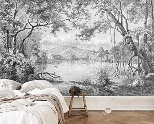 MUNXIN WALLPAPER Papier Peint Panoramique 3D Forêt En Noir Et Blanc Jungle Peinte À La Main Moderne Papier Peint 3D Intissé Décoration Murale