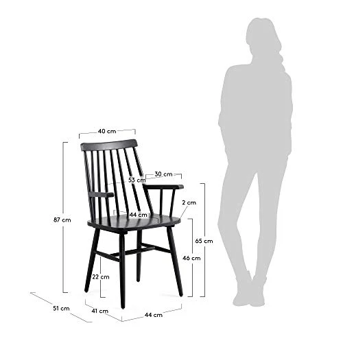 Kave Home - Chaise de Salle à Manger Tressia Noir avec accoudoirs en Bois Massif de Caoutchouc