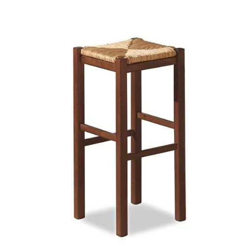 Tabouret rustique couleur noyer avec assise en paille - Hauteur 75 cm