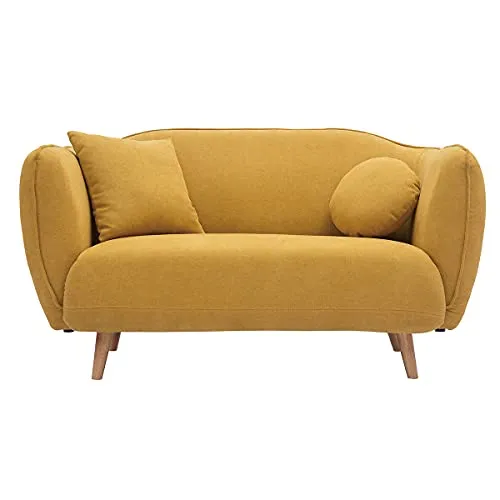 Miliboo Canapé 2 Places en Tissu Effet Velours Jaune Moutarde et Bois Clair Folk
