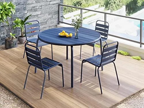 Vente-unique Salle à Manger de Jardin en métal - Une Table D.110cm et 4 chaises empilables - Bleu Nuit - MIRMANDE
