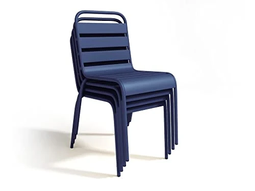 Vente-unique Salle à Manger de Jardin en métal - Une Table D.110cm et 4 chaises empilables - Bleu Nuit - MIRMANDE