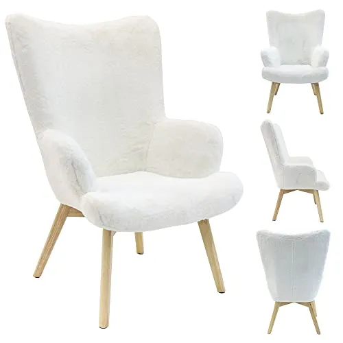 HOME DECO FACTORY Helsinki Imitation Fourrure Mobilier Assise Canape Fauteuil Confort Accoudoir Siege Salon Salle A Manger, Textile-Polyester, Blanc, 65 x 74 x 100