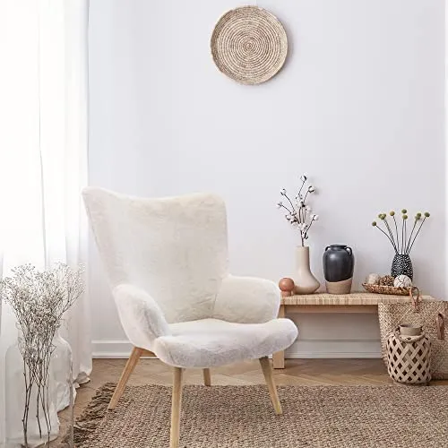 HOME DECO FACTORY Helsinki Imitation Fourrure Mobilier Assise Canape Fauteuil Confort Accoudoir Siege Salon Salle A Manger, Textile-Polyester, Blanc, 65 x 74 x 100