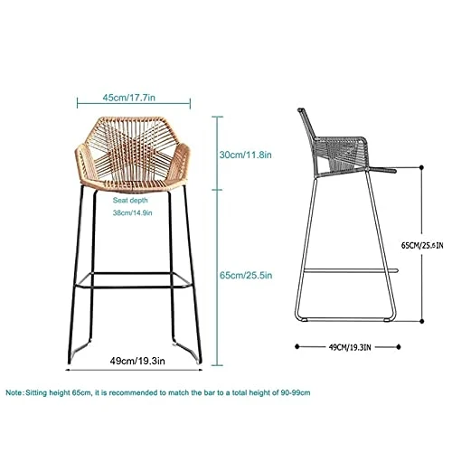 HPTK Tabouret De Bar, Lot De 2, Tabouret De Bar en Rotin Tissé À La Main, Chaise De Comptoir avec Dossier, Tabourets De Salle À Manger pour Le Petit-déjeuner, pour Piscine/Café/Cuisine