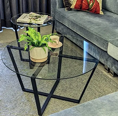Mango Steam Table Basse Rond en Verre, Dessus Clair et Base Noire