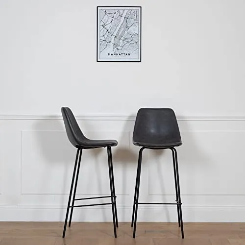 Happy Garden Lot de 2 tabourets de Bar Vintage Lucien Gris foncé - Hauteur d'assise 75cm, tabourets de Bar Style Retro avec Dossier et Repose-Pieds, Structure métallique
