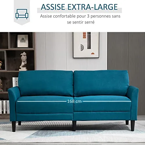HOMCOM Canapé 3 Places Style Contemporain assises Larges Profondes accoudoirs courbés piètement effilé Bois hévéa Noir Polyester Bleu Canard