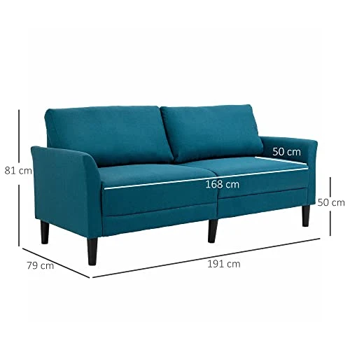 HOMCOM Canapé 3 Places Style Contemporain assises Larges Profondes accoudoirs courbés piètement effilé Bois hévéa Noir Polyester Bleu Canard