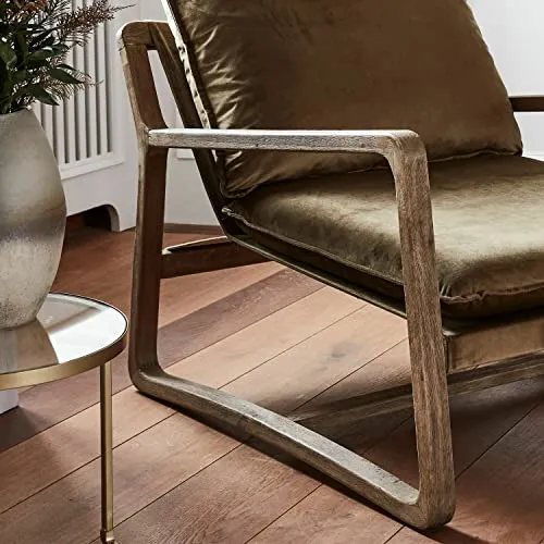 Loberon® Fauteuil Jowna en coton, mousse, bois de chêne, 67/76/95 cm, vert/marron