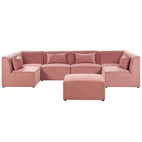 Beliani Canapé Paoramique Modulable 6 Places avec Pouf Ottoman en Velours Côtelé Rose Look Tendance et Matières de Qualité pour Salon Moderne