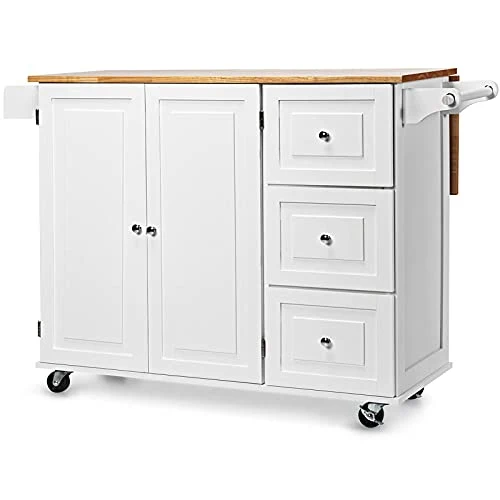 GOPLUS Desserte Îlot de Cuisine Desserte à roulettes en Bois Placard Étagère 3 Niveaux Réglables et 3 Tiroirs, Plateau Extensible Pliable, Support à Épices, Porte-Serviettes, 136 x 76 x 91 CM, Blanc