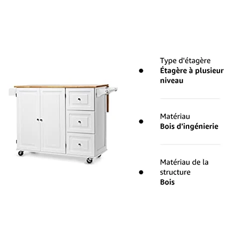 GOPLUS Desserte Îlot de Cuisine Desserte à roulettes en Bois Placard Étagère 3 Niveaux Réglables et 3 Tiroirs, Plateau Extensible Pliable, Support à Épices, Porte-Serviettes, 136 x 76 x 91 CM, Blanc