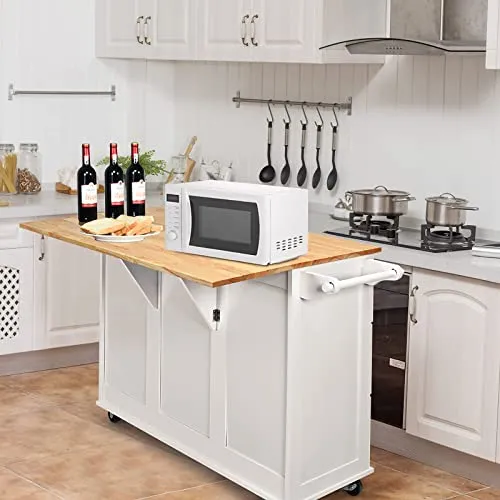GOPLUS Desserte Îlot de Cuisine Desserte à roulettes en Bois Placard Étagère 3 Niveaux Réglables et 3 Tiroirs, Plateau Extensible Pliable, Support à Épices, Porte-Serviettes, 136 x 76 x 91 CM, Blanc