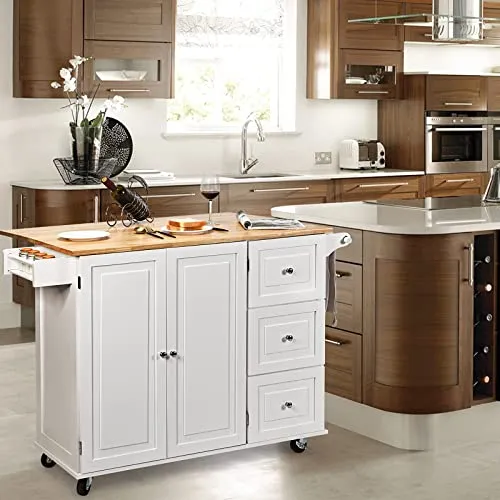 GOPLUS Desserte Îlot de Cuisine Desserte à roulettes en Bois Placard Étagère 3 Niveaux Réglables et 3 Tiroirs, Plateau Extensible Pliable, Support à Épices, Porte-Serviettes, 136 x 76 x 91 CM, Blanc