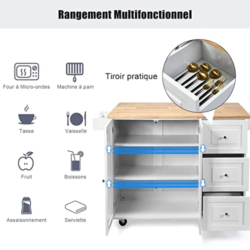 GOPLUS Desserte Îlot de Cuisine Desserte à roulettes en Bois Placard Étagère 3 Niveaux Réglables et 3 Tiroirs, Plateau Extensible Pliable, Support à Épices, Porte-Serviettes, 136 x 76 x 91 CM, Blanc