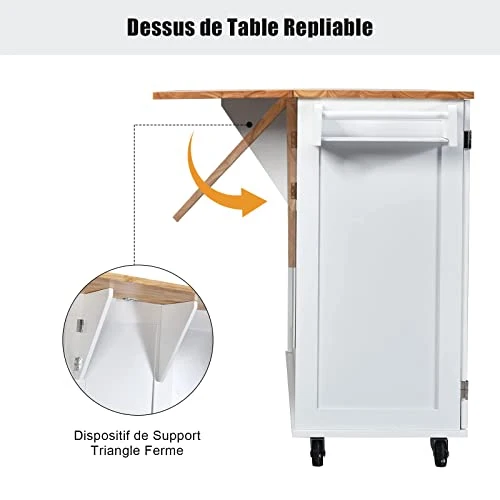 GOPLUS Desserte Îlot de Cuisine Desserte à roulettes en Bois Placard Étagère 3 Niveaux Réglables et 3 Tiroirs, Plateau Extensible Pliable, Support à Épices, Porte-Serviettes, 136 x 76 x 91 CM, Blanc