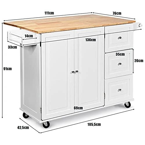 GOPLUS Desserte Îlot de Cuisine Desserte à roulettes en Bois Placard Étagère 3 Niveaux Réglables et 3 Tiroirs, Plateau Extensible Pliable, Support à Épices, Porte-Serviettes, 136 x 76 x 91 CM, Blanc