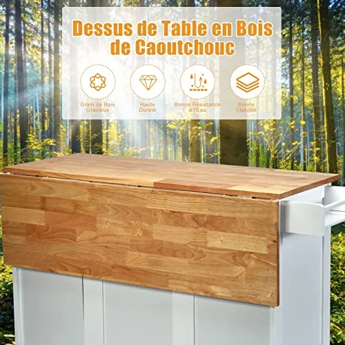 GOPLUS Desserte Îlot de Cuisine Desserte à roulettes en Bois Placard Étagère 3 Niveaux Réglables et 3 Tiroirs, Plateau Extensible Pliable, Support à Épices, Porte-Serviettes, 136 x 76 x 91 CM, Blanc