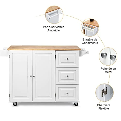 GOPLUS Desserte Îlot de Cuisine Desserte à roulettes en Bois Placard Étagère 3 Niveaux Réglables et 3 Tiroirs, Plateau Extensible Pliable, Support à Épices, Porte-Serviettes, 136 x 76 x 91 CM, Blanc